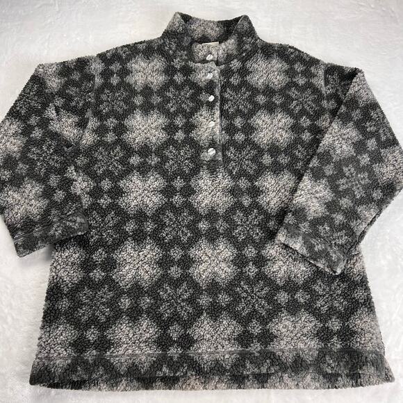L.L. Bean Vintage Sherpa Snow Flake AOP Black Gray Pull Over Fleece Jacket SZ L - Picture 1 of 9